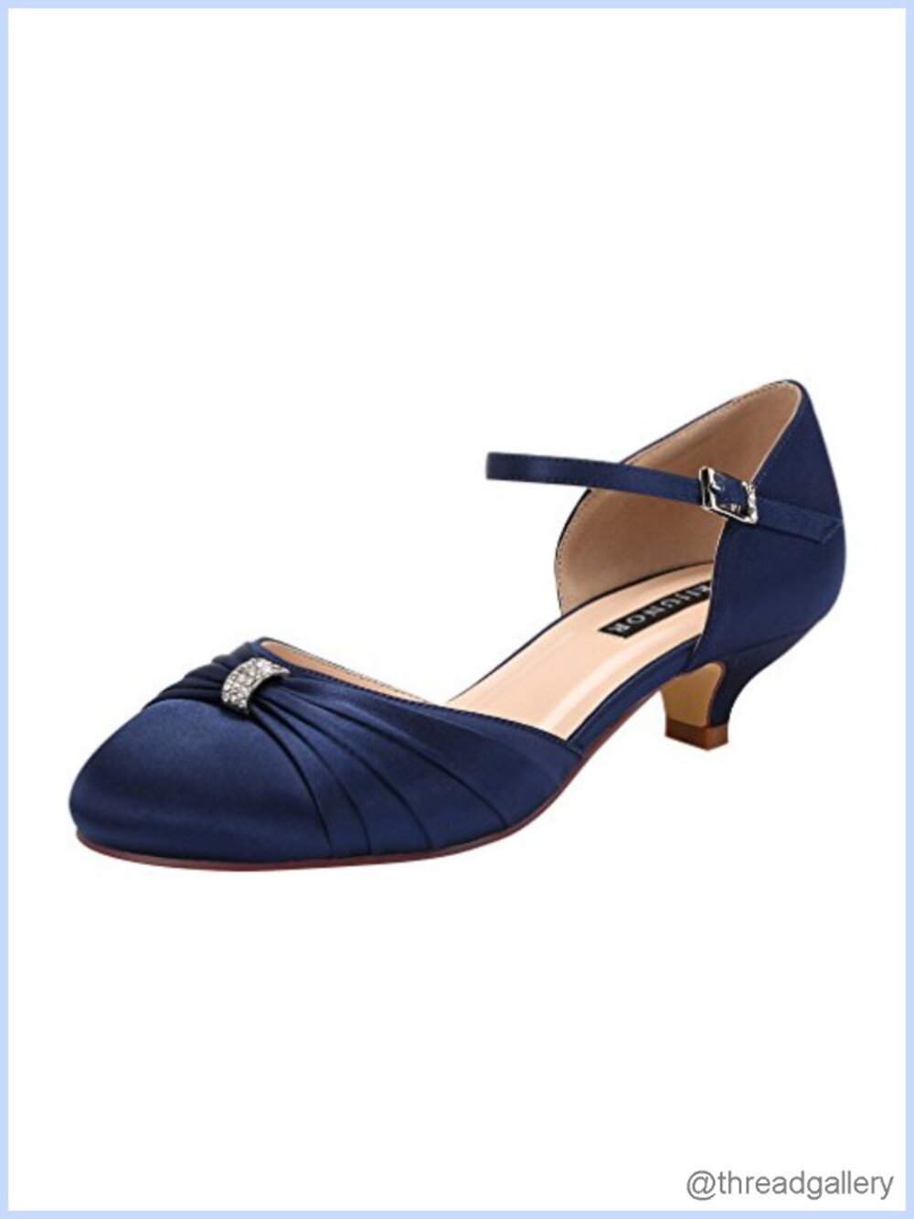 Women Satin Kitten Heel Ankle Strap Pleated Rhinestone Wedding Pumps